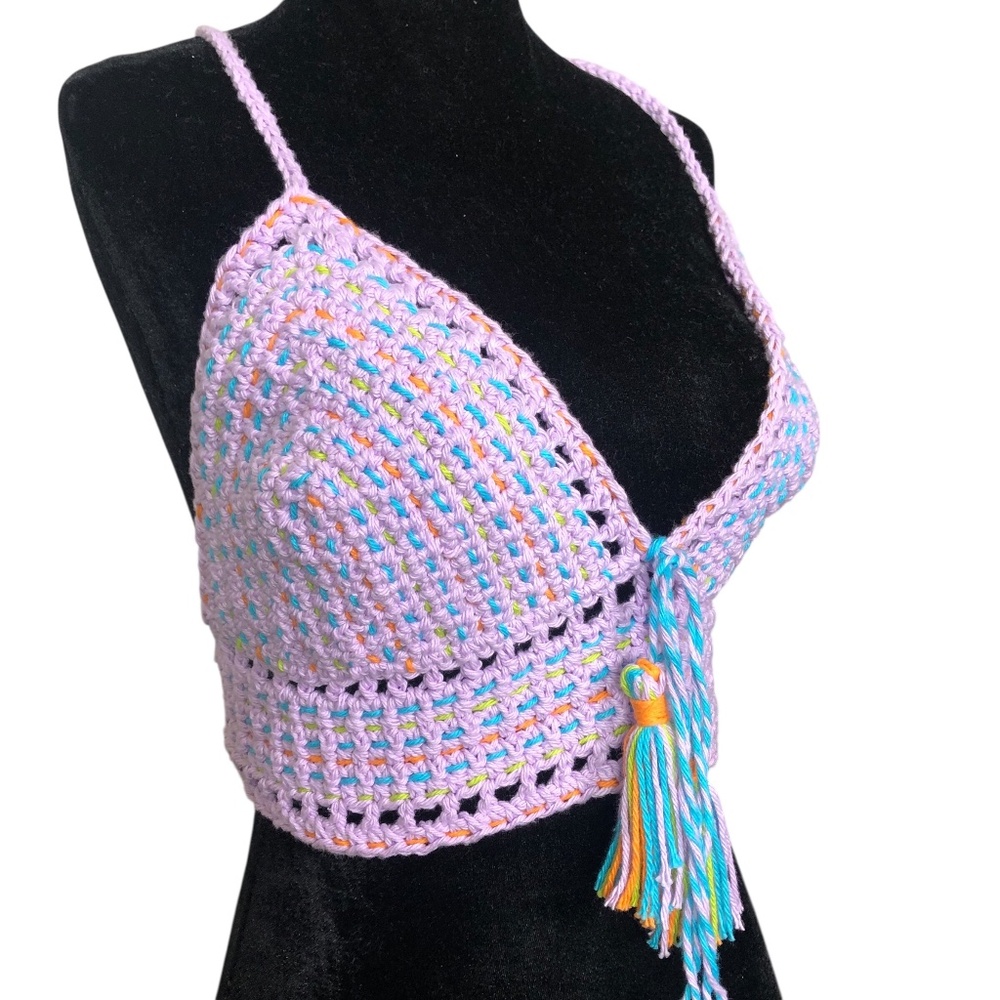 Elegant Handmade Crochet Crop Top – Bohemian Festival Bralette w/Tassels - Picture 3 of 17